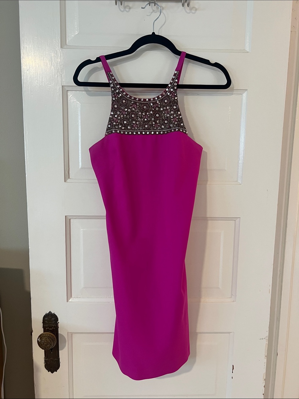 Beaded High-Neck Fuchsia Prom Dress